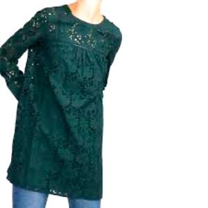 Zara Trafaluc Forrest Green Eyelet Lace Long Sleeve Tunic Mini Dress X Small